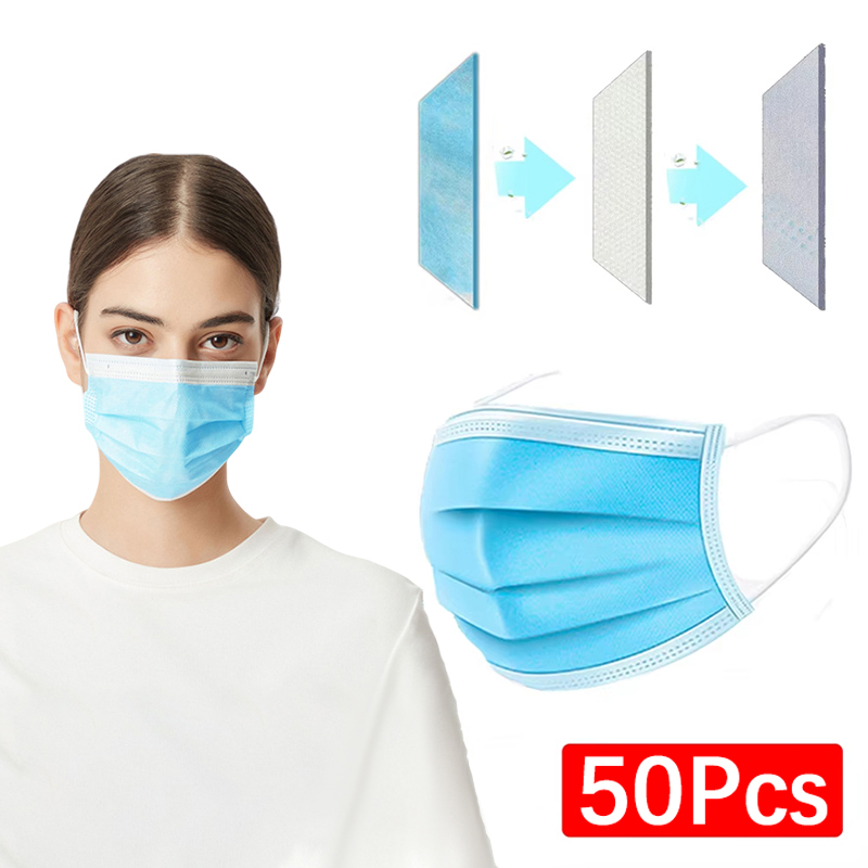 50 قطعة للجنسين 3-layer قناع أ - مراجعة Disposable Mask Blue وسعره